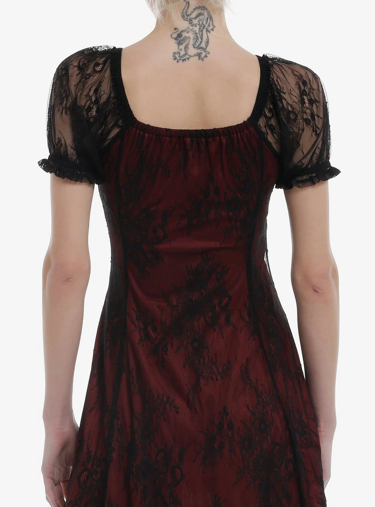 Cosmic Aura Red & Black Lace Empire Dress