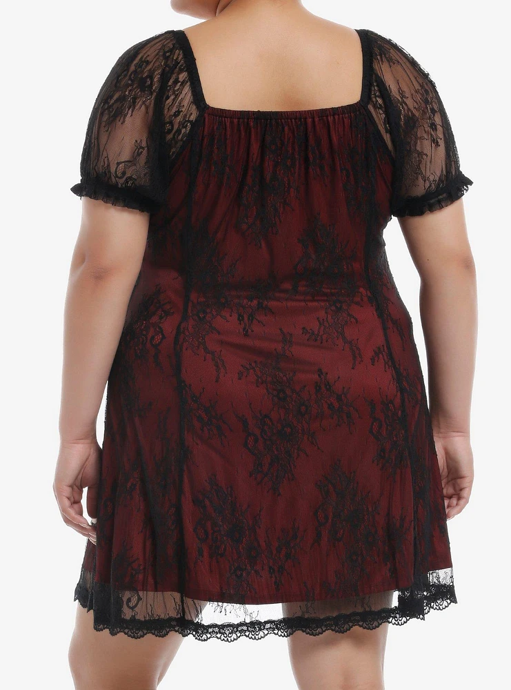 Cosmic Aura Red & Black Lace Empire Dress Plus