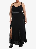 Cosmic Aura Black Double Slit Cross Chain Belt Maxi Dress Plus