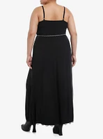 Cosmic Aura Black Double Slit Cross Chain Belt Maxi Dress Plus