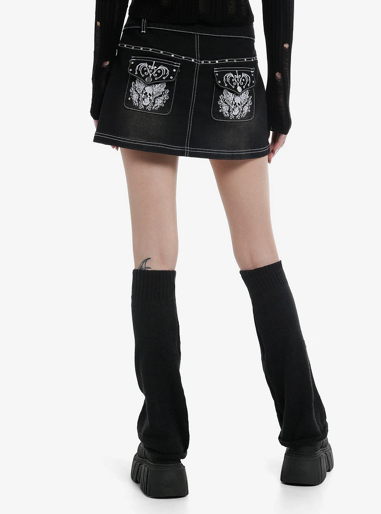 Social Collision Black Rhinestone Skull Denim Mini Skirt