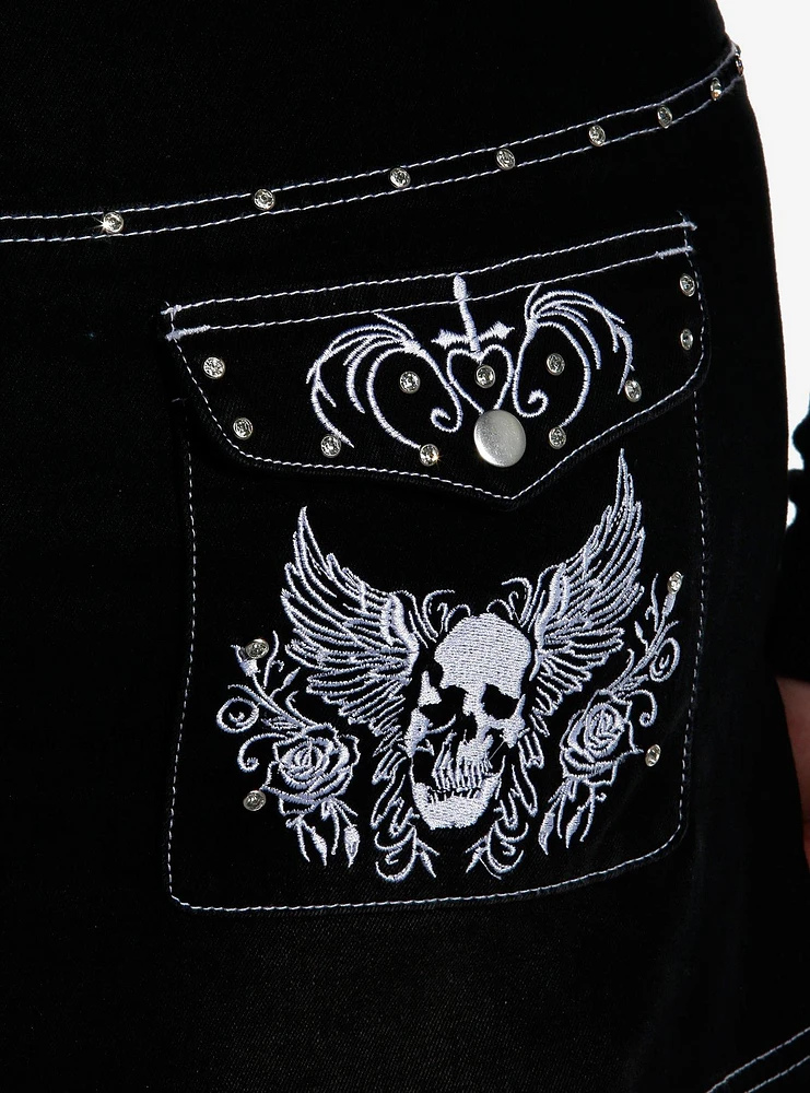 Social Collision Black Rhinestone Skull Denim Mini Skirt Plus