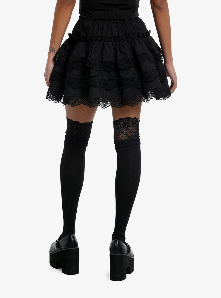 Cosmic Aura Black Lace Trim Tiered Mini Skirt