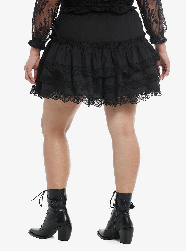 Cosmic Aura Black Lace Trim Tiered Mini Skirt Plus