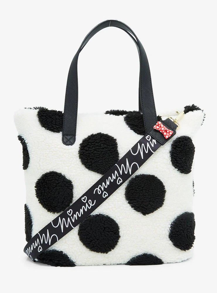 Loungefly Disney Minnie Mouse Black & White Polka Dot Sherpa Tote Bag