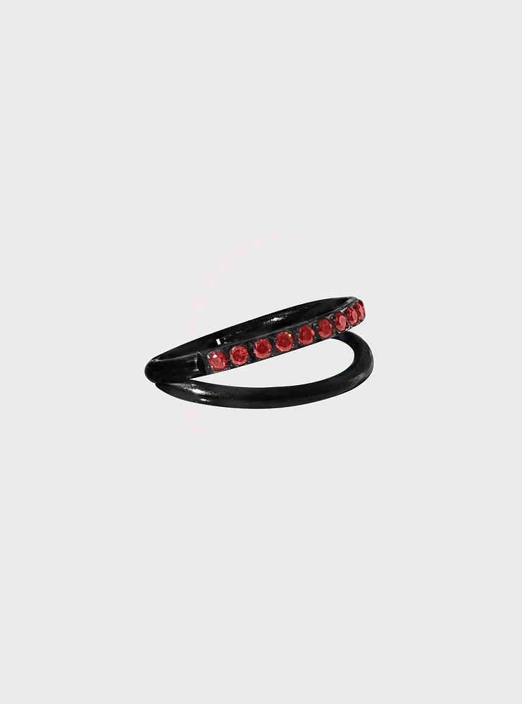 Steel Black Red CZ Gem Double Hoop Hinged Clicker