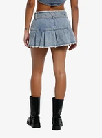 Light Indigo Raw Hem Denim Pleated Mini Skirt