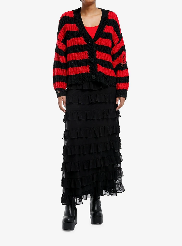 Red & Black Stripe Chunky Knit Girls Cardigan