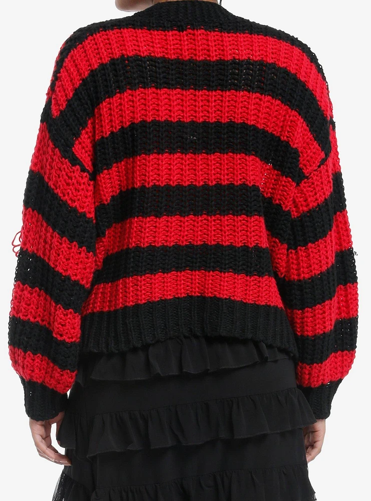 Red & Black Stripe Chunky Knit Girls Cardigan