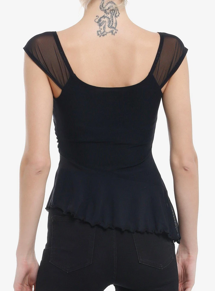 Cosmic Aura Black Mesh Asymmetrical Cap Sleeve Girls  Top