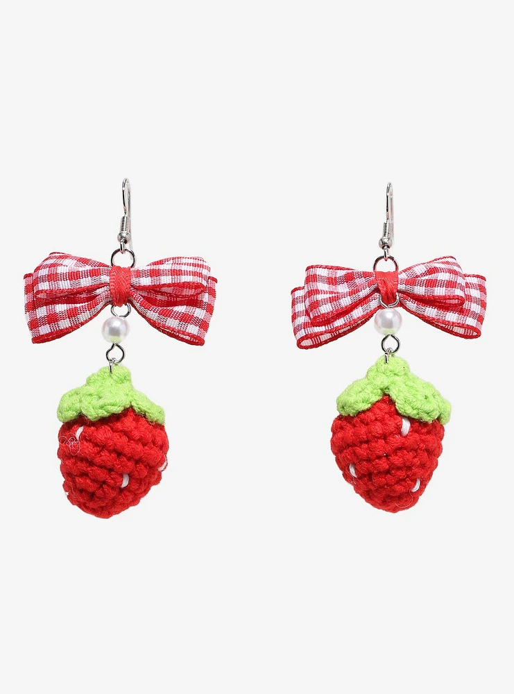 Sweet Society Crochet Strawberry Bow Drop Earrings