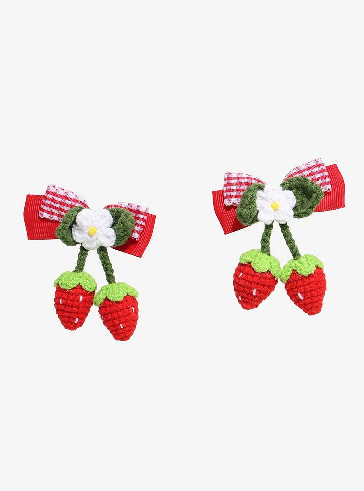 Sweet Society Crochet Strawberry Gingham Bow Hair Clip Set