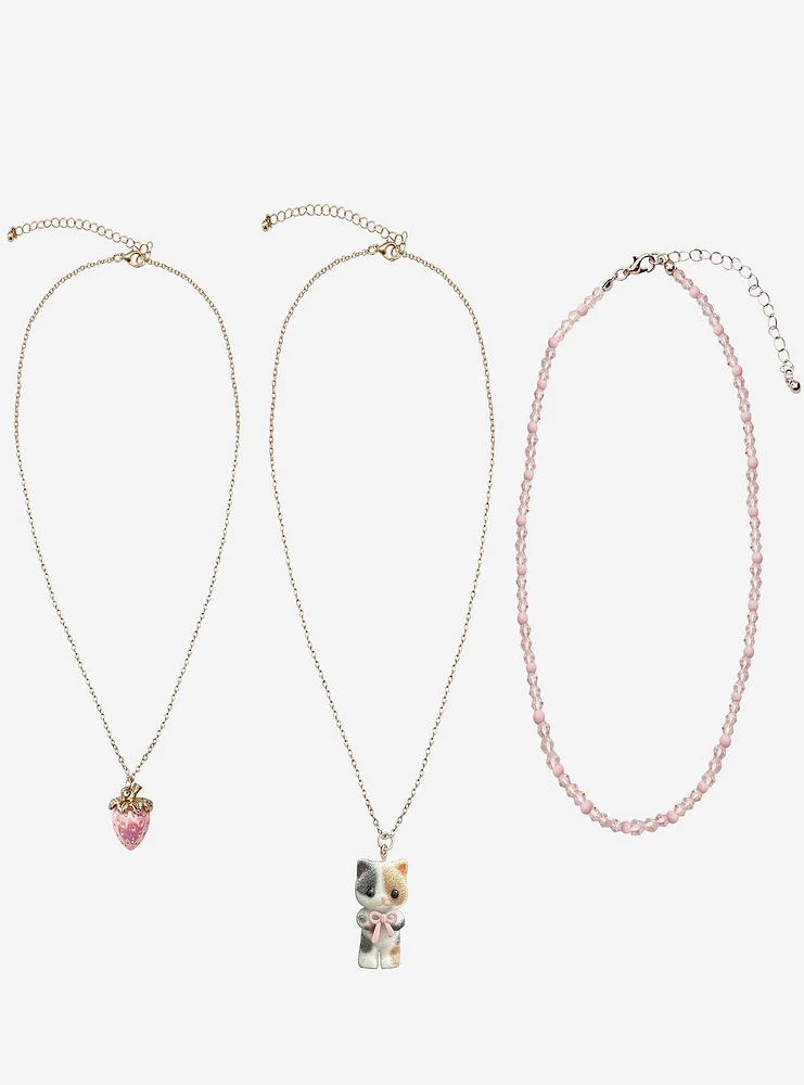 Sweet Society Pink Strawberry & Cat Necklace Set