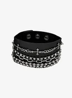 Multi Chain Cross & Bling Faux Leather Cuff