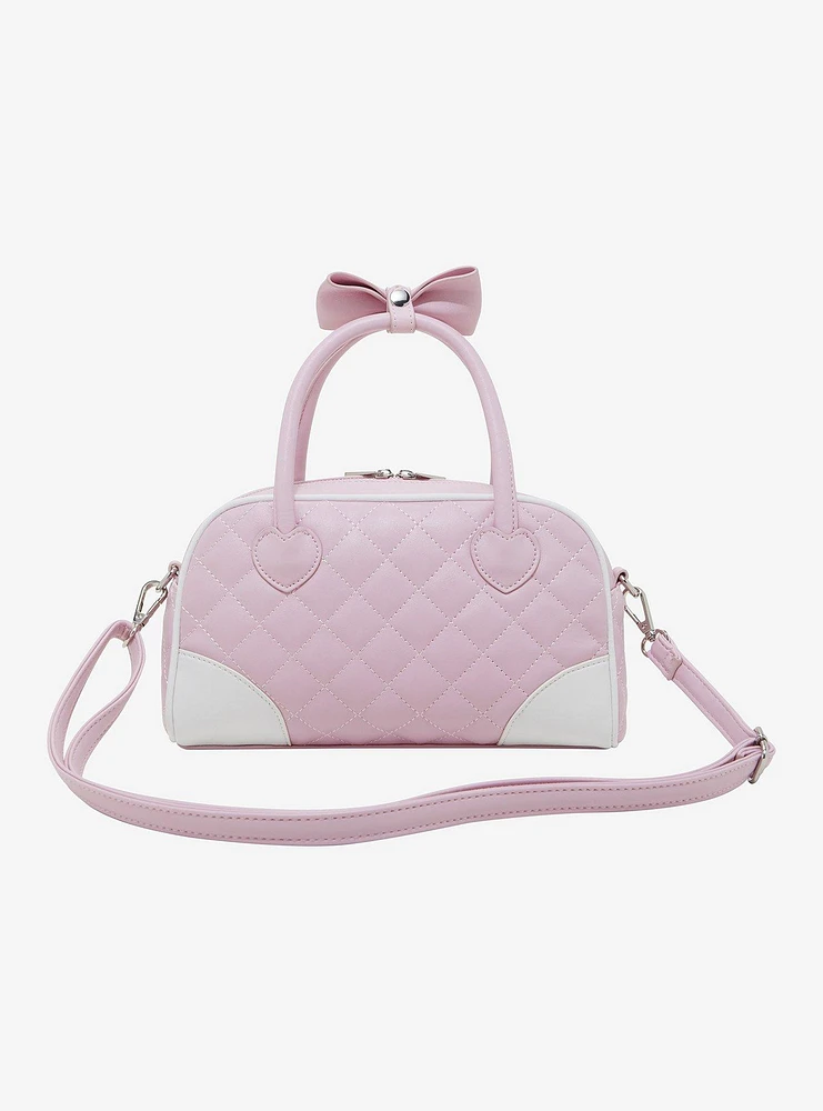 Pink Quilted Heart Bow Bowler Handbag