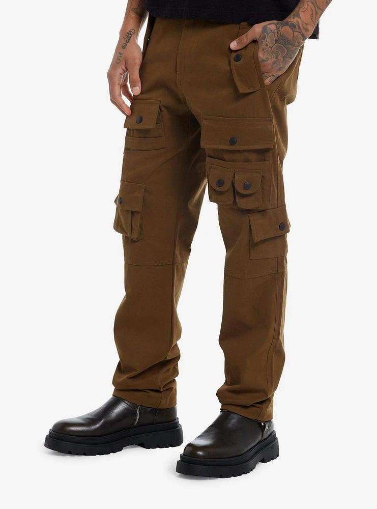 Brown Multi-Pocket Cargo Pants With Belt