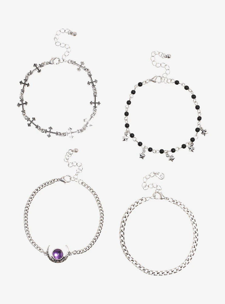 Cosmic Aura Purple Moon Cross Chain Bracelet Set