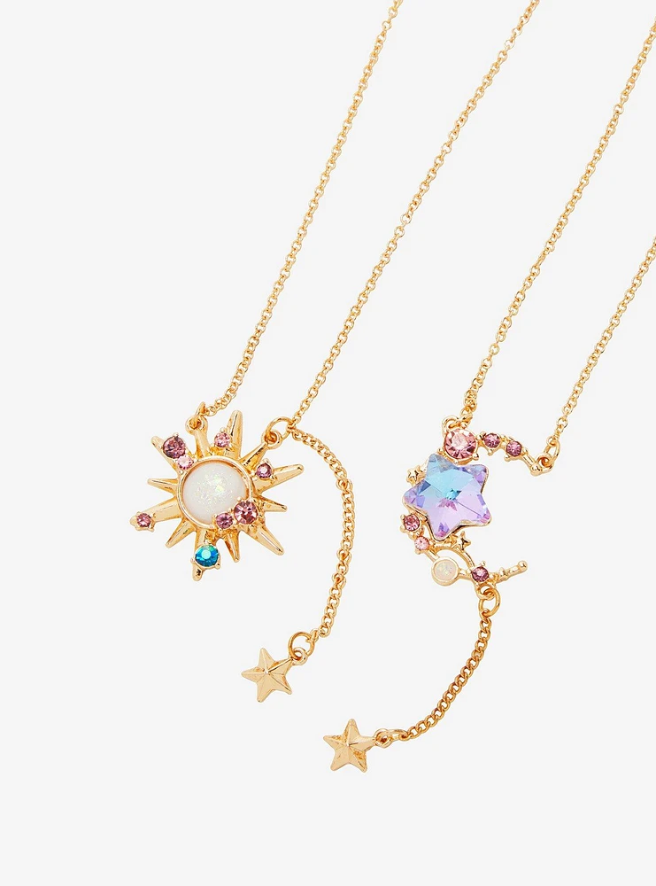 Cosmic Aura Opal Gem Moon Sun Best Friend Necklace Set