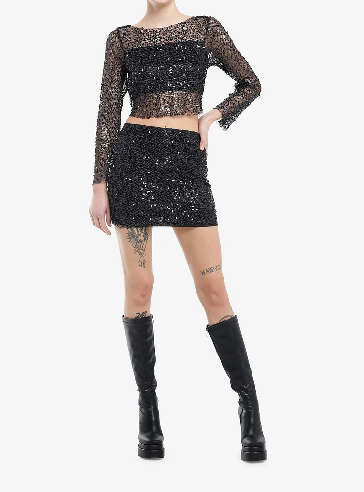 Black Sequin Girls Long-Sleeve Top & Skirt Set