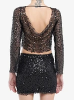 Black Sequin Girls Long-Sleeve Top & Skirt Set