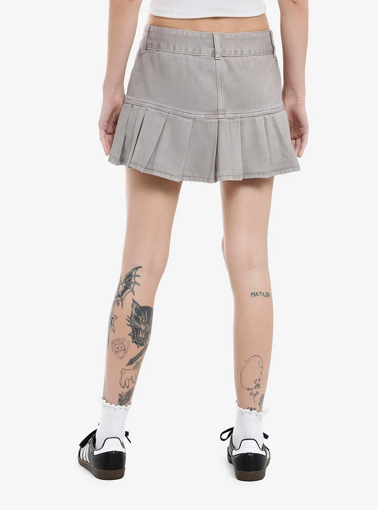 Grey Denim Pleated Mini Skirt