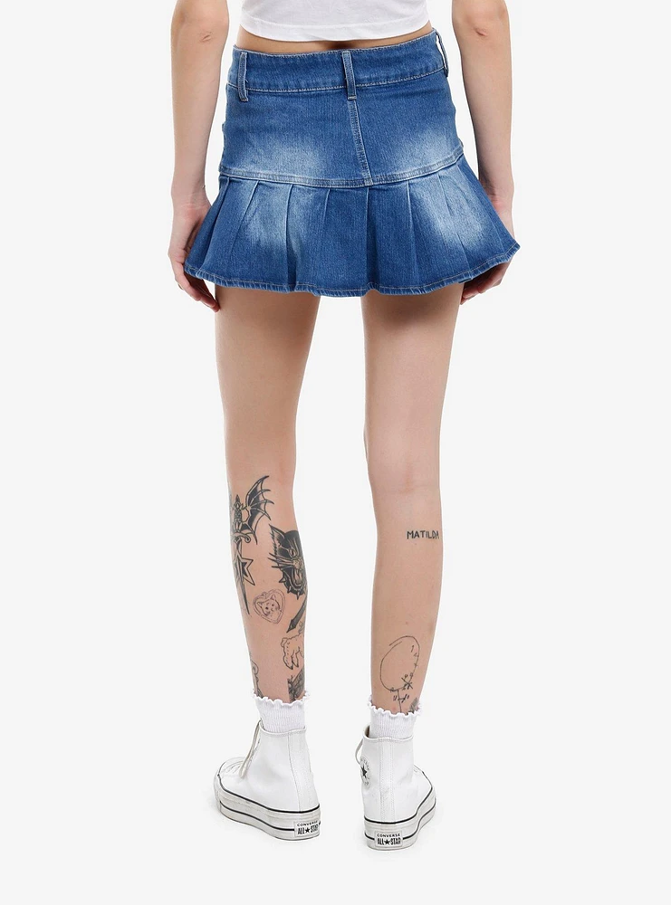 Faded Blue Denim Pleated Mini Skirt