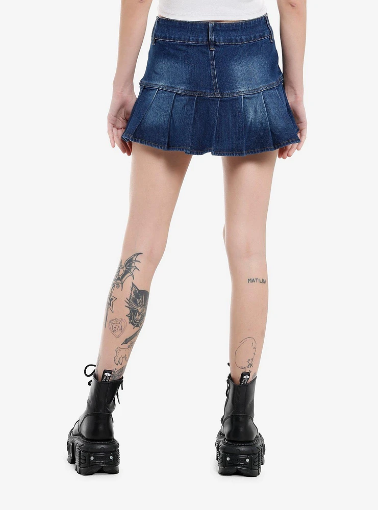 Indigo Blue Denim Pleated Mini Skirt