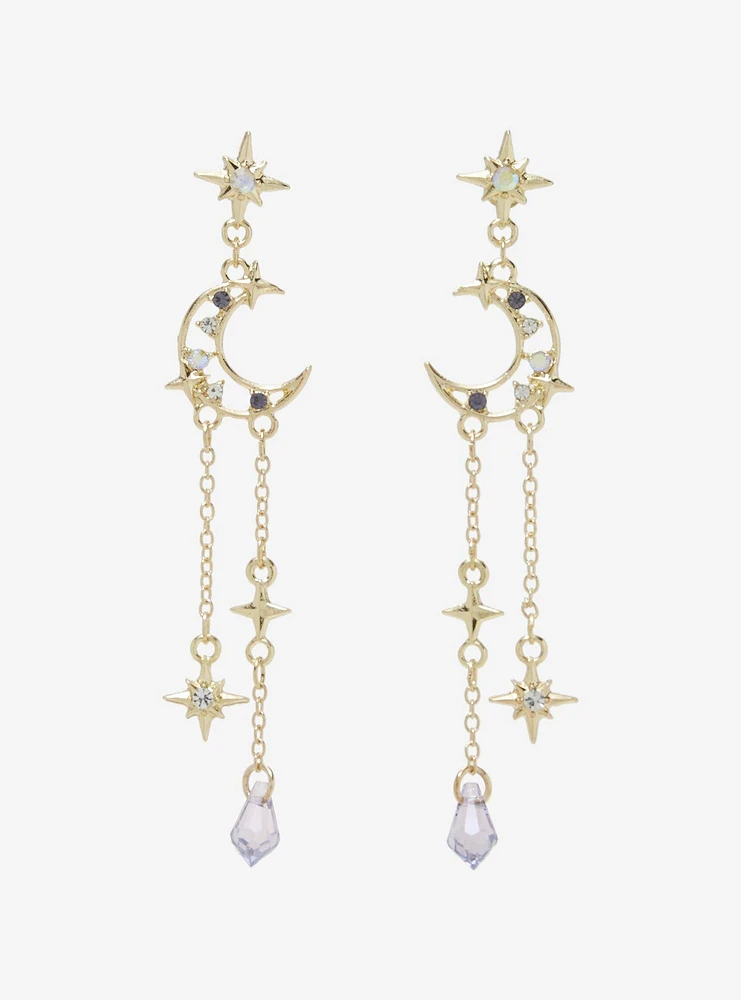 Cosmic Aura Crescent Moon Star Stud Drop Earrings