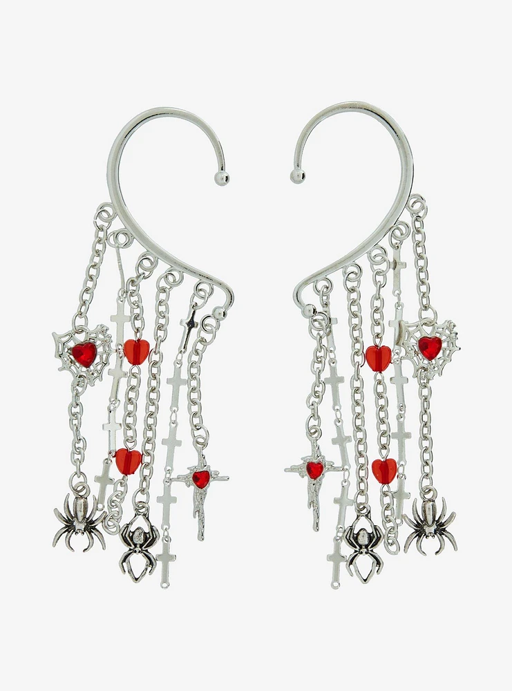 Spider Cross Red Heart Ear Cuff Set