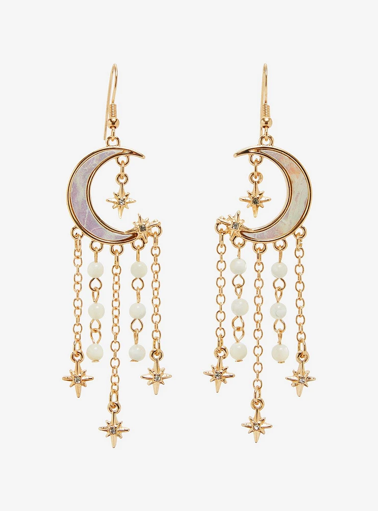 Cosmic Aura Opal Moon Star Pearl Drop Earrings