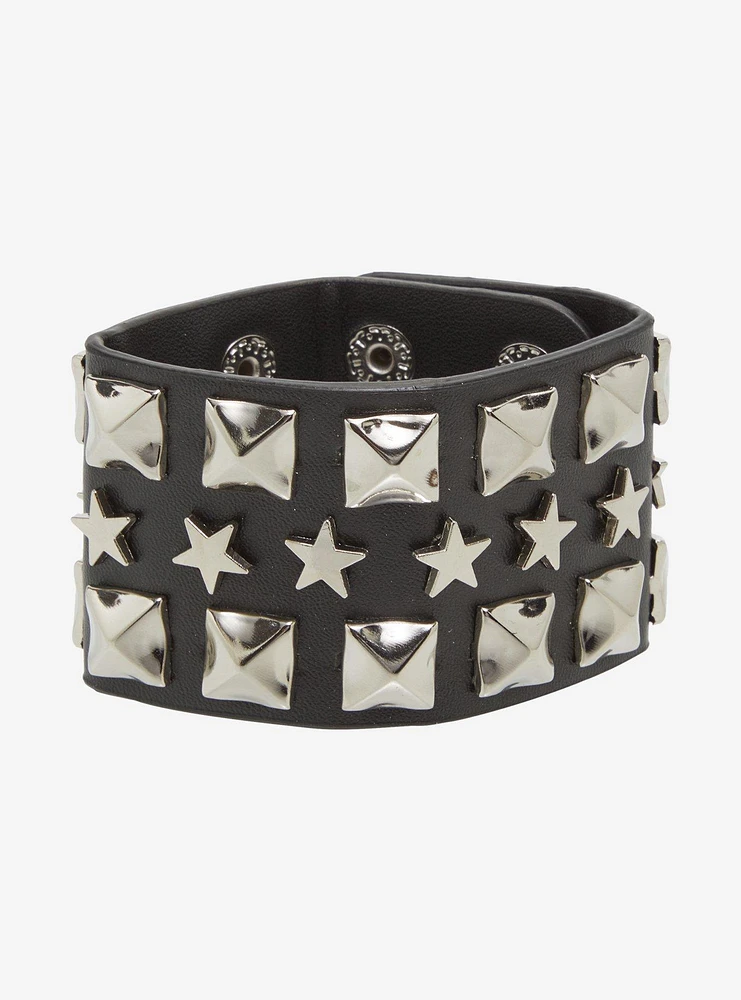 Pyramid Stud Star Faux Leather Bracelet Cuff