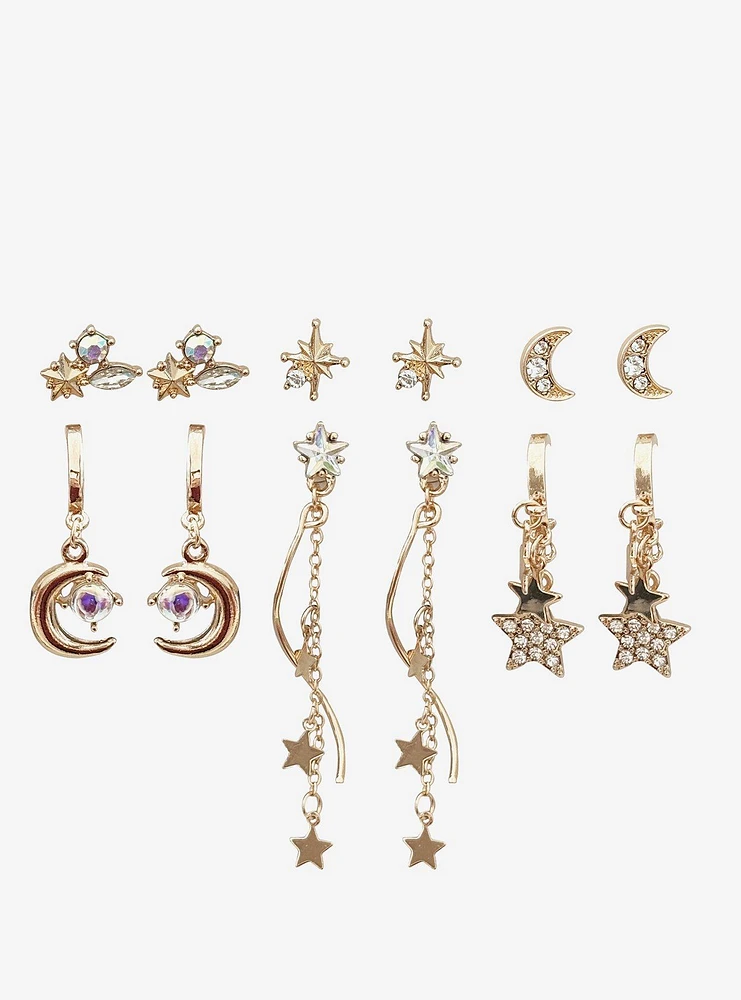 Cosmic Aura Rhinestone Star & Moon Earring Set