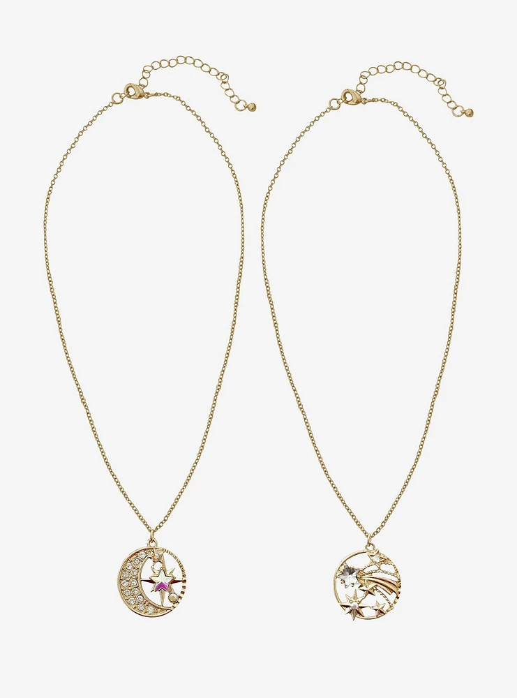 Cosmic Aura Shooting Star Rhinestone Moon Best Friend Necklace Set