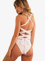 Dippin' Daisy's Happy Wife Criss Cross Tie Back Swim One Piece White