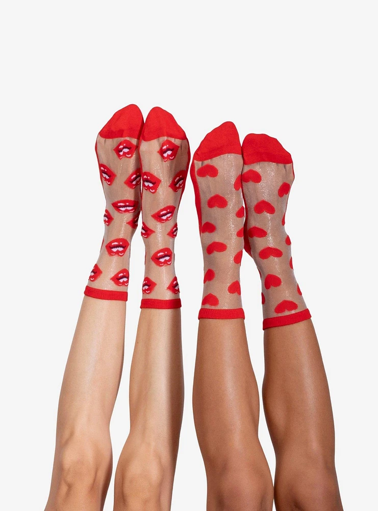 Hearts & Lips Sheer Crew Socks (2 Pairs)