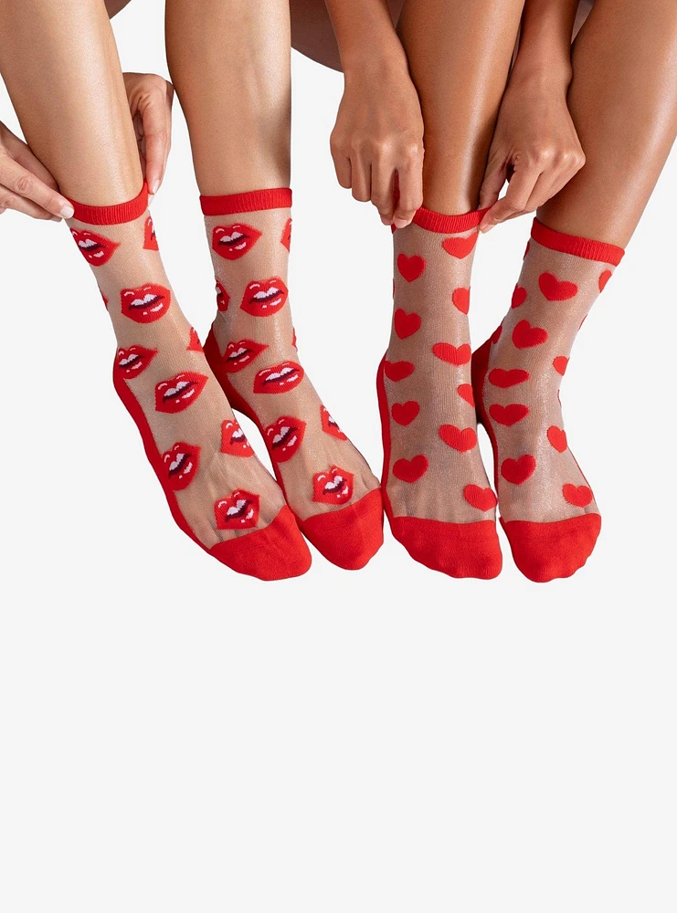 Hearts & Lips Sheer Crew Socks (2 Pairs)