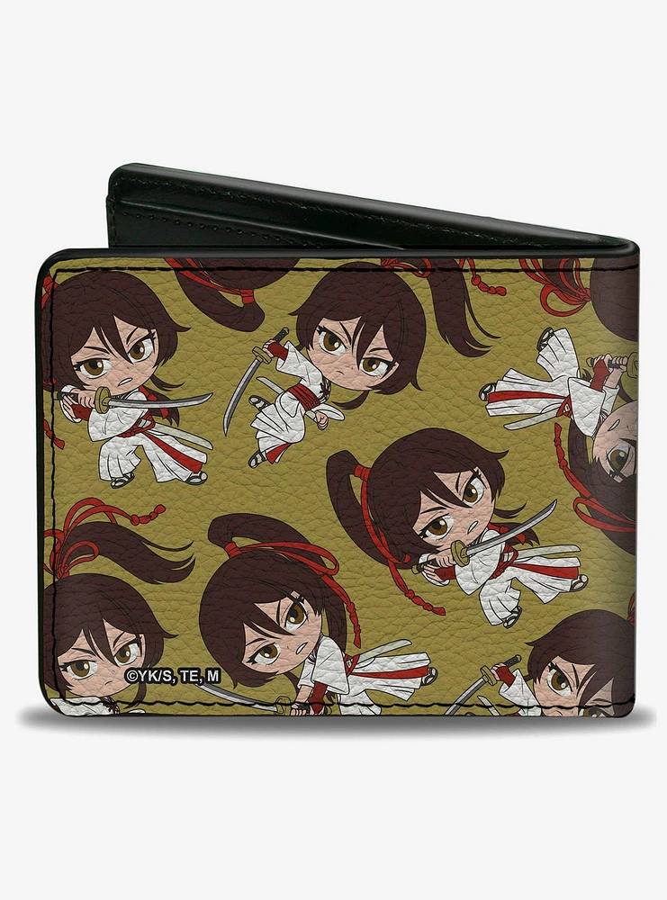 Hells Paradise Chibi Sagiri Sword Poses Scatter Golden Yellow Bifold Wallet