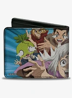 Dr. Stone Character Group Rays Pose and Title Logo Blues Bifold Wallet