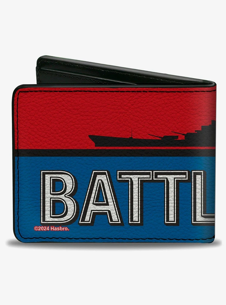 Battleship Ship Silhouette and Text Red Blue Black White Bifold Wallet