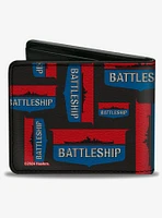 Battleship Ship Silhouette and Text Badge Collage Black Bifold Wallet