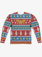 DC Comics Wonder Woman Christmas Sweater Print Long Sleeve Sublimated T-Shirt