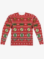 Justice League All Over Christmas Sweater Print Long Sleeve Sublimated T-Shirt