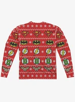 Justice League All Over Christmas Sweater Print Long Sleeve Sublimated T-Shirt