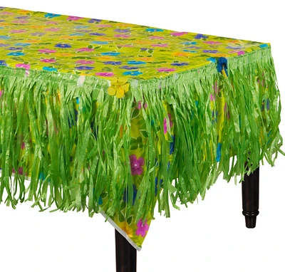 Summer Flower Plastic Table Cover & Green Faux Grass Fringe Table Skirt Set