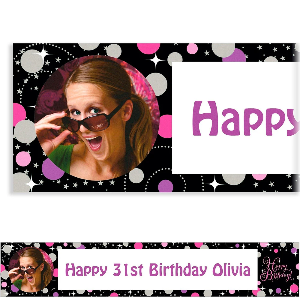 Custom Pink Sparkling Celebration Birthday Photo Banner