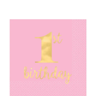 Metallic Pink & Gold 1st Birthday Premium Lunch Napkins 16ct