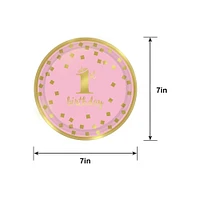 Metallic Pink & Gold Confetti 1st Birthday Dessert Plates 8ct