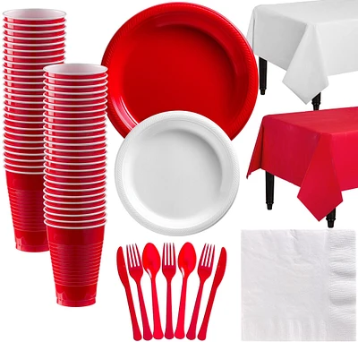 Red & Plastic Tableware Kit for 50 Guests