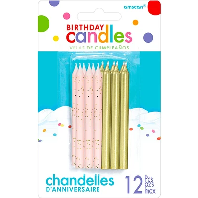 Gold & Pink Birthday Candles 12ct