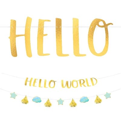 Metallic Gold Hello World Baby Banner Kit